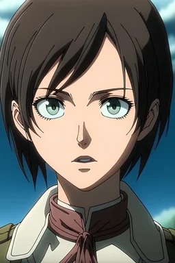 White skin, pink lips, and short black hairBrown eyes in anime attack on Titans