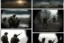 Masterpiece1:5)(Fineart), (award-winning:1.5), highest quality, (ultra realism:1.5) war journalism(,(by Tim Page and Hoorst Faas:1.5))(photorealistic:1.8),RAW pictures (Eastern Ukraine:(panel one:the moment after a battle ends, horrors of war, wounded men),(2nd panel, cinematic shot of men sitting in trench with 1000 yard stare (focus on their eyes:1.5)),(the third panel shows troops tired but hyper alert), (the fourth panel shows the sky is filled with incessant, fire and smoke,)