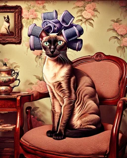 Create an old hyper realistic photo of an Oriental shorthair Siamese cat sitting in a chair with curlers on her head. In an old fashioned background with a nice botanical wallpaper, an old painting in the background. A vintage look, soft colors, a grunge filter.