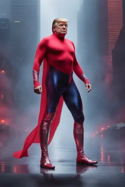 Donald Trump as 'Maga Man,' Extremely Muscular, Skintight, formfitting crimson bodysuit, cobalt cape, silver boots, Multicolored vortex, neon lit futuristic cityscape, mist, fog, speed, extremely overexaggerated musculature, "MAGA MAN"