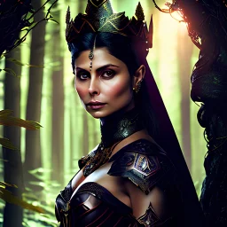 Morena Baccarin as a beautiful sexy dark elf queen seated elegantly on a throne in a mystical forest, dark celtic vignette frame, photo-realistic, cinematic lighting, award-winning photography