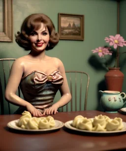 Ultra realistic photographic portrait, happy young Gina Lollobrigida woman sitting with arms resting on Italian kitchen table, pretty tortellini dish, retro dress by 1960, classic style decoration, cold, soft color, highly detailed, unreal engine 5, ray tracing, RTX, lumen lighting, ultra detail, volumetric lighting, high definition.