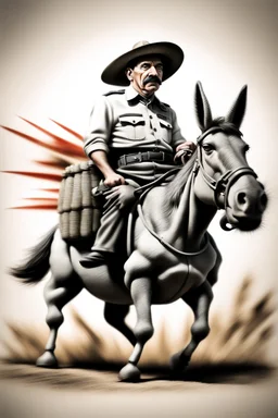 Mexican farmer Hitler on fast super donkey, airbrush and pen outline, motion blurred background
