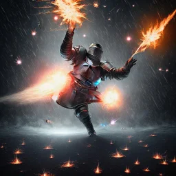 Heavy rain. Epic Lighting in the night sky. Knight with magic scroll in hand. Falling burning meteorite from the sky. Fireball. Meteorite burning in the distance. Dark black mud.