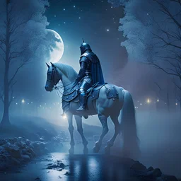 Gorgeous paladin at night moonlight reflecting from shining armor, on a bridgewith black fog