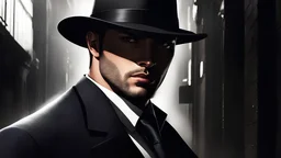 highly detailed eyes and lips; In a dimly lit urban alley, a mysterious figure in a tailored suit and fedora stands confidently, framed by shadows. The character, a ruthless mafia killer, holds a pair of sleek pistols in a firm grip, their cold metal reflecting a subtle glint of light. The fedora casts a shadow over their eyes, adding an air of secrecy and danger. The background features hints of a gritty, urban setting, enhancing the noir aesthetic. The overall composition creates a captivating