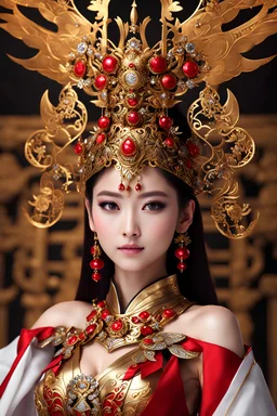 Realistic photography,front_view, Beautiful Queen fairy super model Chinese Woman, brown hair,dressing luxury party gown,looking at viewer,traditional dress ornaments mechanical armor china traditional, intricate armor, delicate golden shine bright, black metalic parts, detailed part, jewelry diamonds,dynamic pose,abstrac background, dynamic lighting, red hour, full body portrait