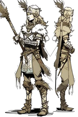 Girl Archer concept art, small head, full body, sketch, coll style, bow