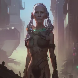 cyberpunk saggy granny woman, abandoned sci-fi town, future, sci-fi