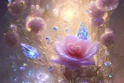 one big crystal subtle flower in a galactic ambiance with a very little beautiful fairy, transparent petals, delicate colors, in the foreground, full of details, smooth, bright sunshine，soft light atmosphere, light effect，vaporwave colorful, concept art, smooth, extremely sharp detail, finely tuned detail, ultra high definition, 8 k, unreal engine 5, ultra sharp focus