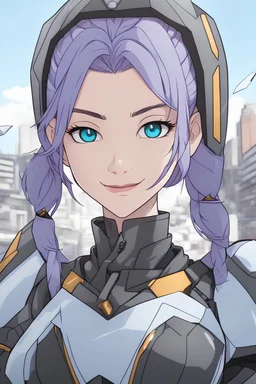 Young Woman with pigtails and lavender hair, vivid blue eyes, wearing futuristic paladin attire, grinning, urban background, RWBY animation style