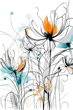 Ink drawing of abstract flowers, line drawing, white background, negative space, splashes of soft colours