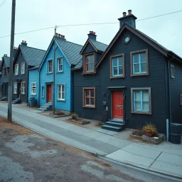 Fotografia di strada assurda e falsa orripilante blu weirdcore dai colori vivaci. Noe. Non luogo falso, inusuale. Max Ernst. Le case sono false e dipinte di nero chiaro con cose stilizzate e dettagli. Ci sono finestrelle false quadrate, che danno un senso distopico e molto surreale, disposte in modo casuale. L'atmosfera generale sembra noiosa e onirica, con un contrasto tra elementi reali ed elementi dipinti falsi, René Magritte