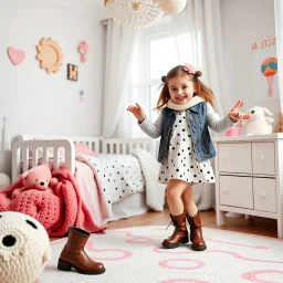 a 2 years old azeri girl in modern clothing and makeup dancing with cute and joy with pertty boots in a baby bedroom