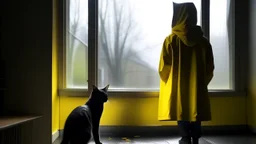 A person wearing a yellow raincoat is standing in a deserted room looking out a window. A black cat is sitting nearby, watching the person.