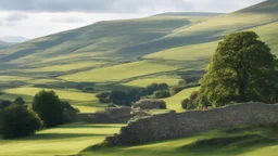 Beautiful landscape in the English Yorkshire Dales, hills, fields, rural buildings, stone walls, balance, chiaroscuro, peace, tranquillity, beautiful light and colour