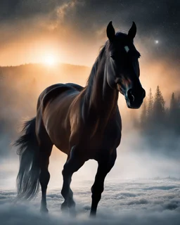 Fascinating double exposure masterpiece. The foreground features a captivating silhouette of a mysterious and glowing horse, exuding an enigmatic and otherworldly energy. Ethereal lighting. The harmonious mix of its serene nature intertwines with the captivating silhouette, creating a scene of incomparable beauty. 8k resolution