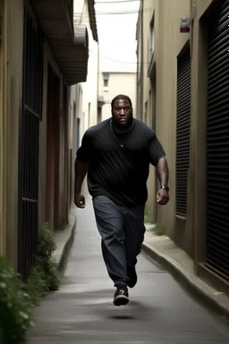 Tall big fat black man far away running down a alleyway