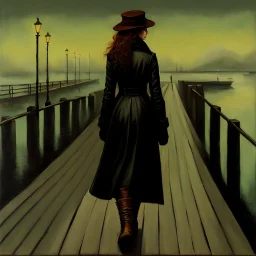 Painting of a woman wearing a long black coat and brown leather boots walking on a pier, inspired by John Atkinson Grimshaw, inspired by Jacob Schikander, inspired by John Petty, by a pier, Carl Critchlow. Moody, John Capel, by Jacob Schikander, by John Atherton, by John Alexander, by Eamon Everell, by John Laurie Morrison, Waves breaking on the pier, in the background a full moon shining in yellow light, A thick mist rises from the water