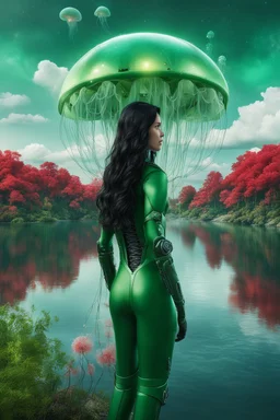 Photorealistic Photo Of A long black-haired woman in a green robot suit, Looking Out Over A Lake With jellyfish with red Tentacles, Tall Narrow Cloud Trees In The distance with an alien sky