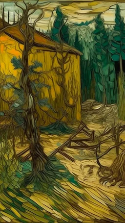 A tan prison in a dry prehistoric jungle painted by Vincent van Gogh