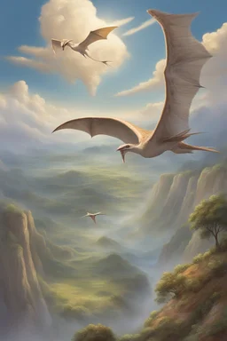 The creation of the world by God. In front of us is a valley with a beautiful landscape, where beautiful animals roam, pterodactyls fly in the sky, beautiful clouds and God in the clouds