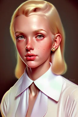 Ultra realistic rendering of a Norman Rockwell style interpretation of a freckled, Pert, thin young woman with blond 40s style hair, wearing a neck sweater with a white collar shirt underneath, pulling up shirt to reveal breasts