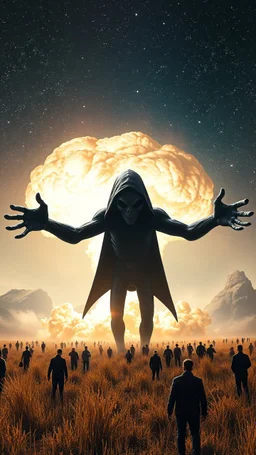 A field of random people in a bright lighting , at the end of the picture the universe with stars sky background with a huge nuke explosion behind the explosion a very large open arms dark scary black hooded alien