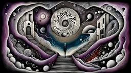 painted inner world with uncontrolled mind and neurodivergens soul, floating doors on sky, over surreal cracked weird empty land . no buildings, neverending stairs,. deep dark purple, gray, black, white, brown, malachit, cream color. Whimsical style of Chagall , of Redmer Hoekstra, of Anna Dittman. No people in picture, weird absurd beauty nightmare, black rawen, in background fade neuron network-web, surreal vibe, no humans