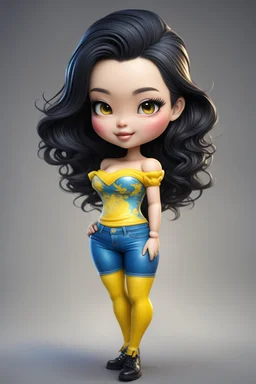 Create an airbrush image of a curvy chibi cartoon asian female wearing tight yellow jeans and a blue off the shoulder blouse. Prominent make up with hazel eyes. Extremely highly detailed shiny black wavy hair flowing down her back