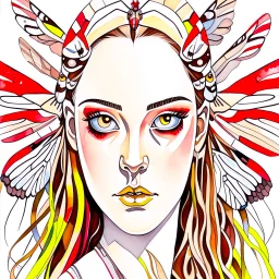 A close-up headshot of a woman with long brown hair, red eyes, fuzzy moth antennae, and White-lined sphinx moth wings on her back, watercolor, intricately detailed, high definition, 4k,