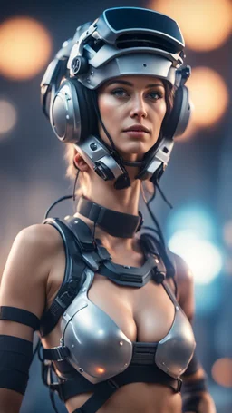 portrait of hottest woman wearing head set body helmet rig with adjustable keyboard on stomach,bokeh like f/0.8, tilt-shift lens 8k, high detail, smooth render, down-light, unreal engine, prize winning