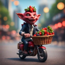 hairy heavy metal kobold strawberry beast business man on motorbike on stage with long eyebrows holding a basket of berries ,bokeh like f/0.8, tilt-shift lens 8k, high detail, smooth render, down-light, unreal engine