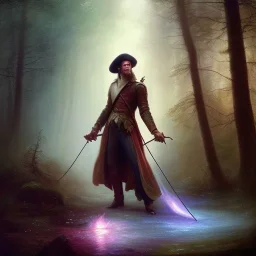 romantic fantasy spray painting, william Turner, watercolor, close up on dark robed poet holding bow and arrow, loosing torch in magical forest