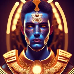 3D close-up of a king Ramses, high contrast, glowing backlighting, blue and red backlighting, vibrant hair, dark brown eyes, sharp focus, high makeup, face painting, background blur.