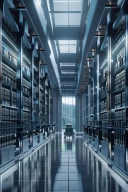 Modern library with high tech style. Robotic design of the library. High quality image in 8k.