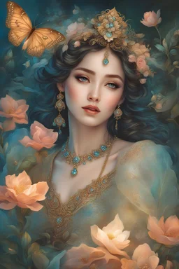 In the style of Bella Kotak, Jean-Honoré Fragonard, Rebecca Guay, Bioluminescent, liquid iridescence, beautiful day. A malaysian borneo kadazan gorgeous lady in ethnic costume in Gossamer shimmer, fairy tale feeling, sunlit glimmer. Breath of life, beauty, charm, and clear, Darling heart, lovely dear. Gentle breeze, art nouveau, Serenity sweet, ebb and flow. Mask of gloom, magical showing, Prismatic sparkle, ever glowing. A blend of media, reality, and art, Detailed, intricate,