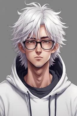 Anime man with glasses, messy white hair, wearing a hooded sweatshirt, realistic