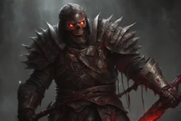 a hideous ghoul warrior. guts hanging out. chain mail fussed to skin. blood. bile. melted fat. broken bones. bleeding eyes. crushed skull. broken fangs. broken jaws. broken armor. glows. real weapons. perfect weapons. intense horror. blind terror.