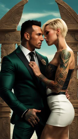 Jason david frank muscular male with short dark hair and tribal tattoos, wearing a designer suit, whispering in ear of young blonde woman, with short hair, wearing short white dress. hyper realistic