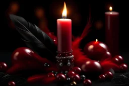 Christmas Decorative candle with feathers, red garnet stones, filigree, beads, pearls, balls, aesthetically pleasing, beautiful, realistic, professional photo, 32k, microdetalization, ISO 800, pixel graphics, cinematic light.