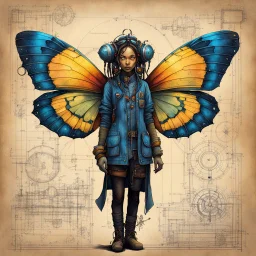 Jean-Baptiste Monge style hand drawn technical,full body portrait illustration , with detailed blueprints and engineering schematics of a walking hybrid Madagascan sunset moth insect girl, with highly detailed facial features, drawings, and technical notation, 8k, vibrant natural colors