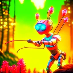 portrait of a cute chat robot shooting bow and arrow in the underground grove, in the style of dali, 8k, down-light, soft light, depth of field, photo realism, trending on art station, high detail,