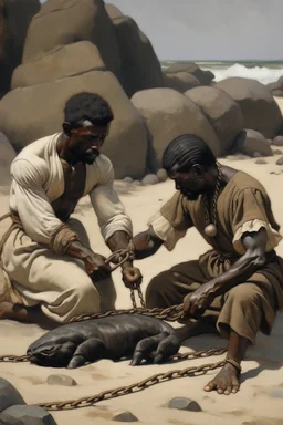 A black-skinned slave is being tortured by his rich, white-skinned master. He places a large rock on his body while he is sleeping on the sand.