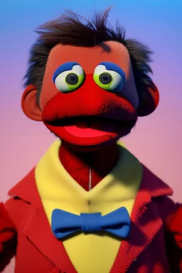 Waist up muppet Portrait, Nicolas maduro us muppet doll, Venezuelan president, tracksuit red blue and yellow, mustache, photo studio, red background, unreal engine 5, concept art, art station, ray tracing, lumen lighting, ultra detail, volumetric lighting, 3d.