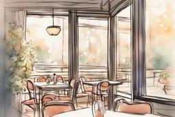 Anime, pixar, cute, table in a nice restaurant next to the window, meal, wine and flower on it, melting watercolor and black ink outlines on wet paper, soft, shading strokes, in sunshine, ethereal, otherwordly, cinematic postprocessing, bokeh, dof