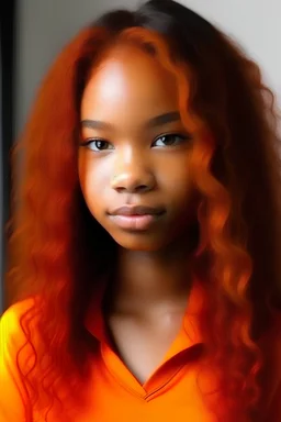 Light skin teen with straightened hair that is reddish orange