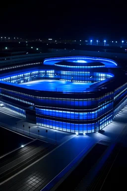 A large, international, electronically advanced, beautiful school, sports arena, up close at night