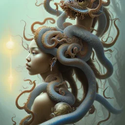 Sango fantasy, fantasy magic, intricate, sharp focus, illustration, highly detailed, digital painting, concept art, matte, art germ and Paul Lewin and Kehinde Wiley, masterpiece Indonesian lady head bronze octopus Asian African girl nice breast Thai hair turquoise silver blue waves