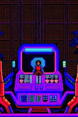 Govus on the Cockpit of a spaceship, alarm ringing, red indicator lit. Pixel art